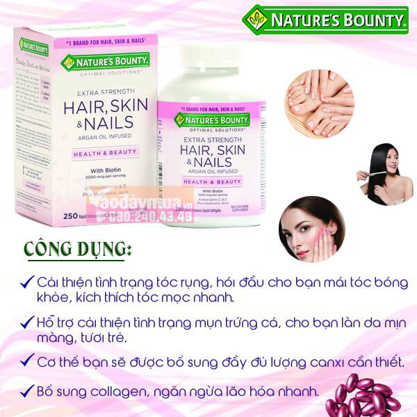 Công dụng chính có trong viên uống đẹp da tóc và móng Nature’s Bounty Hair Skin & Nails 